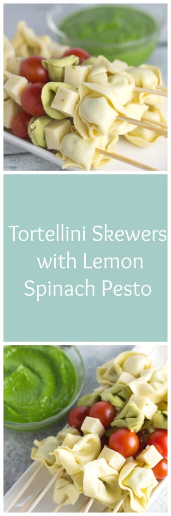 Happy Spring! These tortellini skewers with lemon spinach pesto are a perfect light and satisfying appetizer! | Krollskorner.com