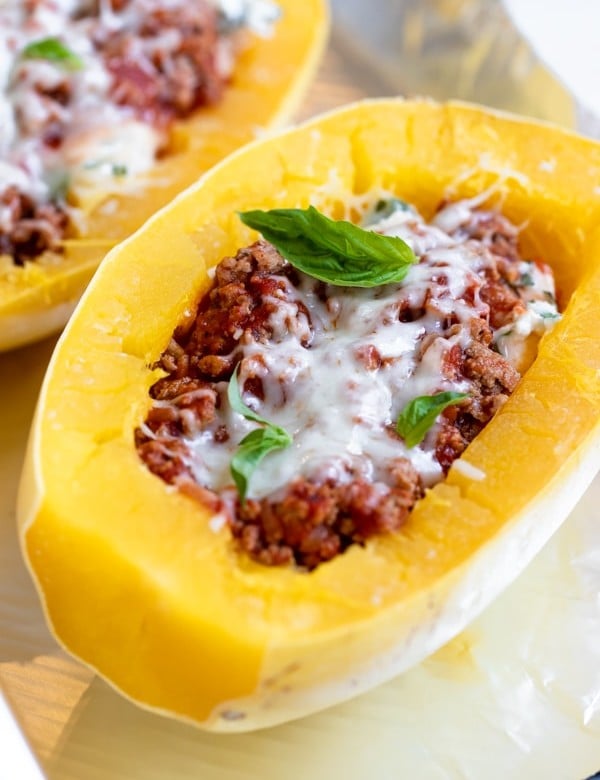 A close up of spaghetti squash with meat sauce