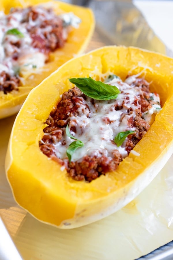 A close up of spaghetti squash with meat sauce
