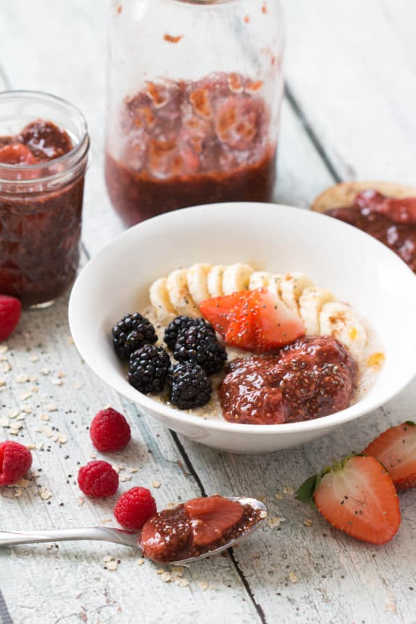 Berry Balsamic Chia Seed Jam is my new JAM! Spread this chia seed jam on toast or top it on your morning oatmeal bowl for a boost of flavor and nutrients! |Krollskorner.com