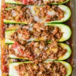 zucchini taco boats in a glass Pyrex dish
