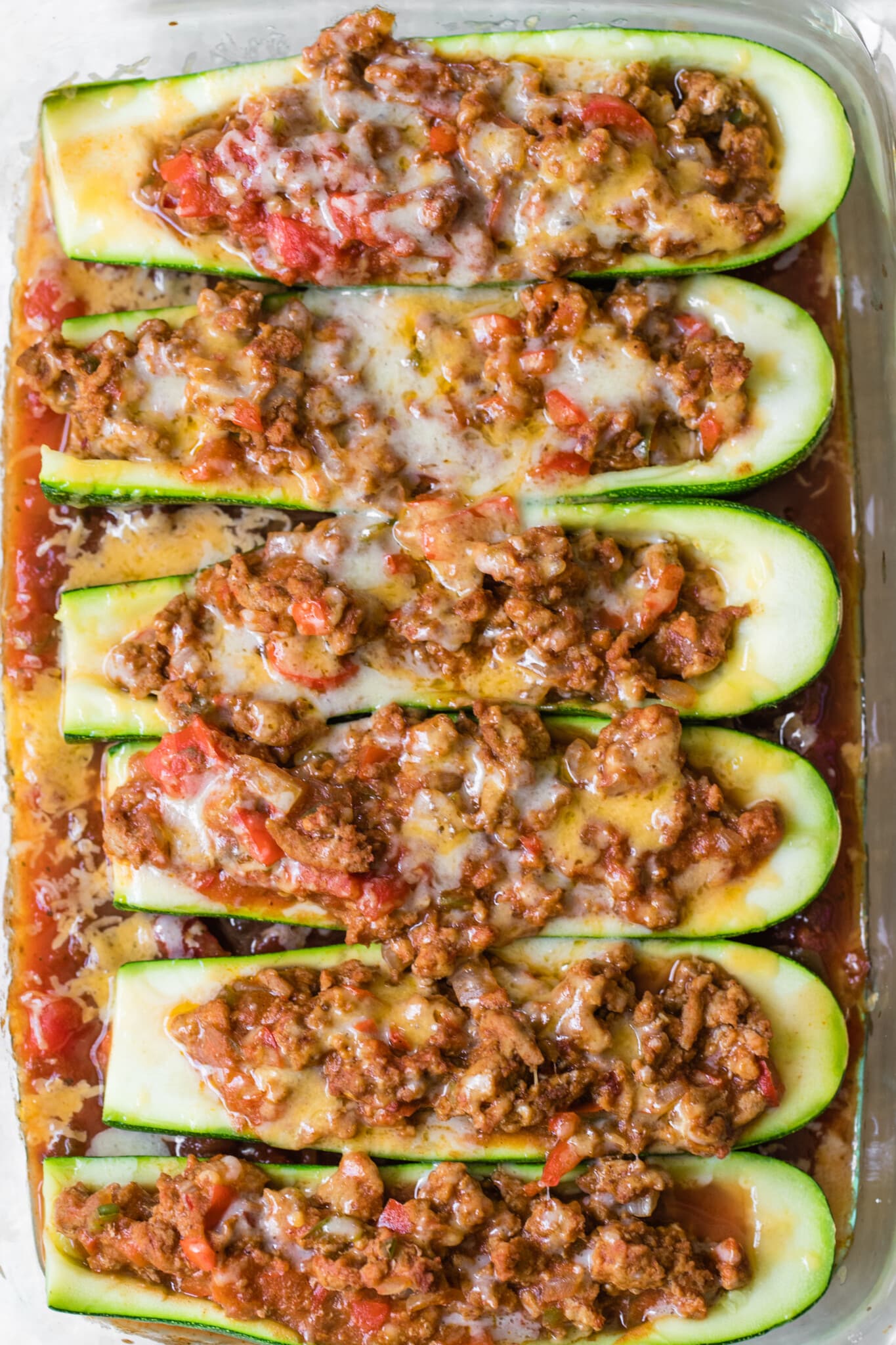 zucchini taco boats in a glass Pyrex dish