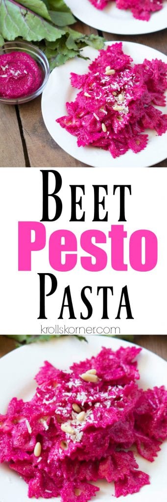 a bowl of pasta covered with beet pesto