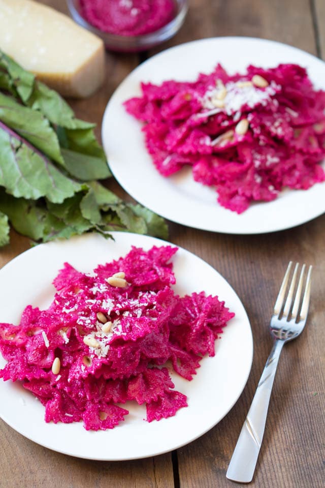 beet pesto pasta on a white plate