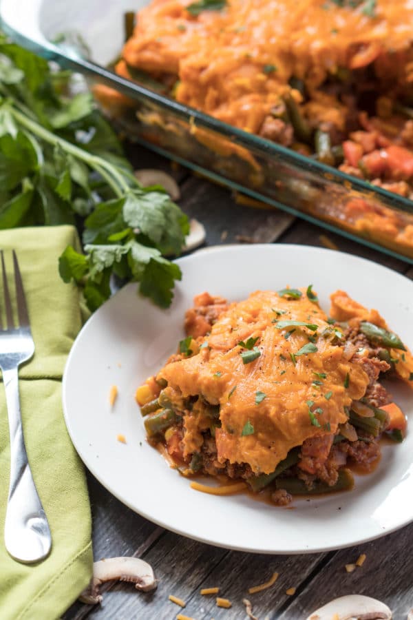 This healthy shepherd's pie is layered with ground turkey and veggies topped with whipped sweet potatoes and a savory mushroom gravy. |Krollskorner.com