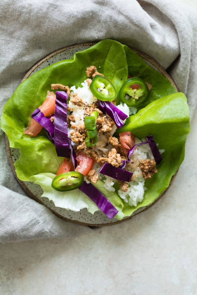 butter leaf lettuce wraps filled with white rice and ground turkey