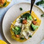 Chicken alfredo in a spaghetti squash boat