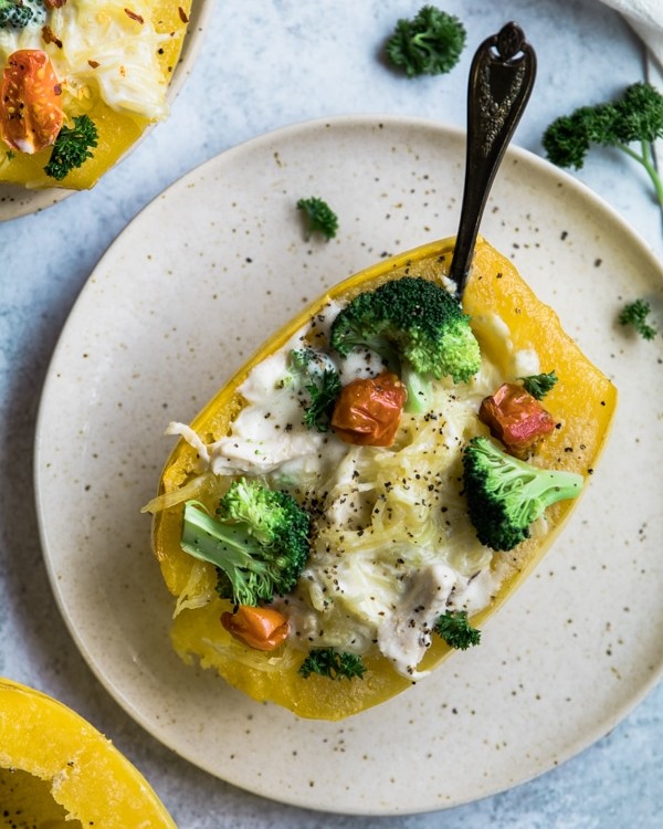 Chicken alfredo in a spaghetti squash boat