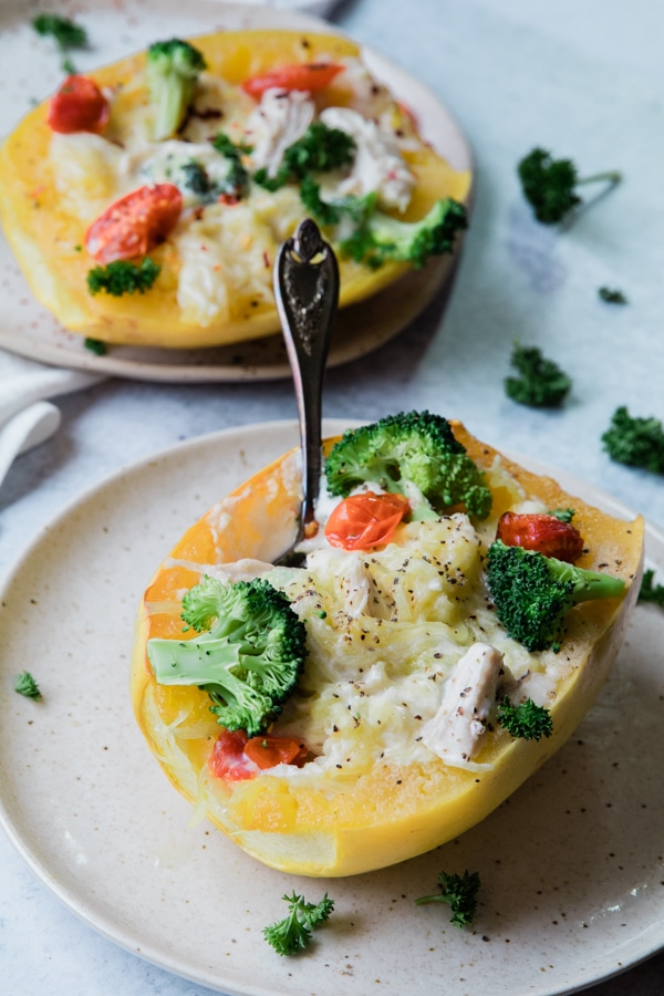 Chicken alfredo in a spaghetti squash boat