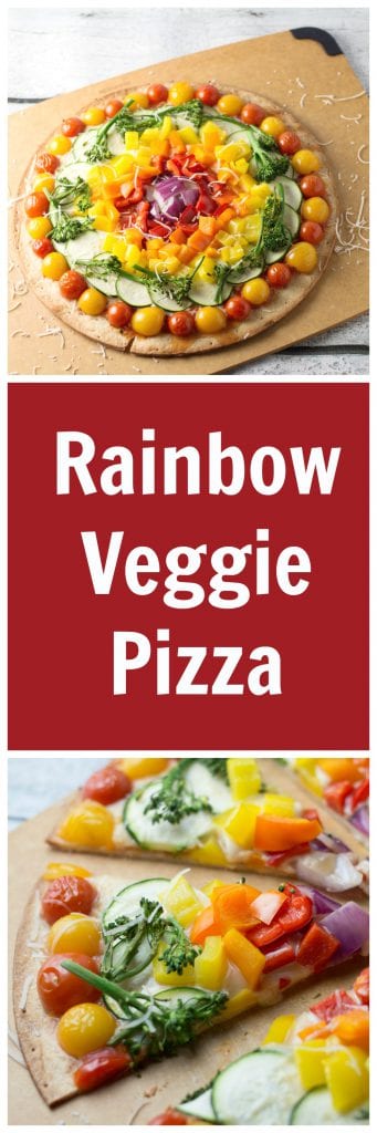 a pizza made with rainbow colored veggies