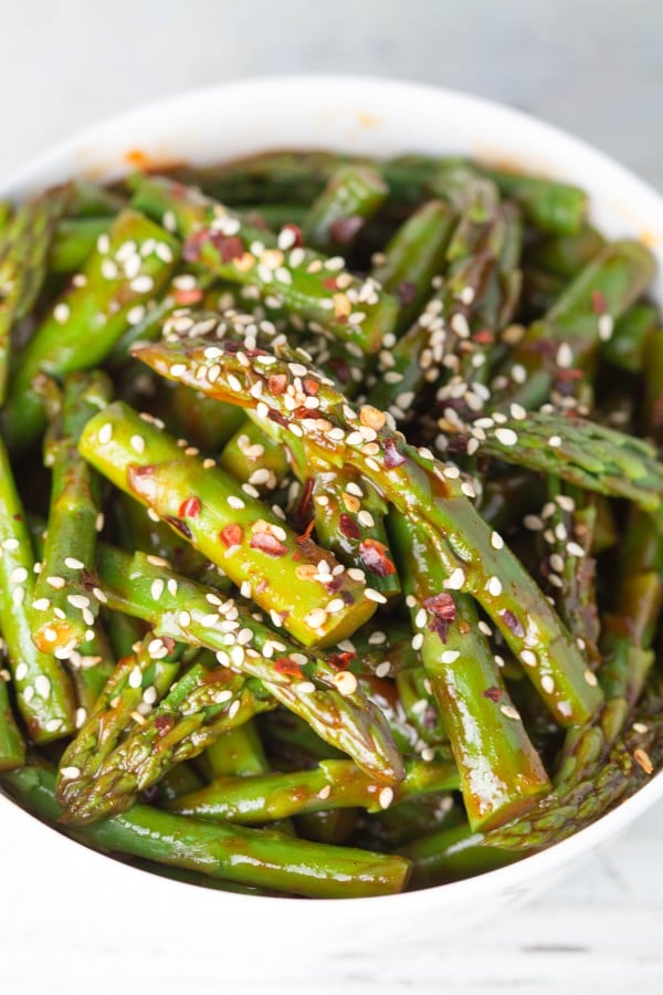 Asparagus with Spicy Gochujang Glaze...new tasty way to enjoy your Spring time veggies! Krollskorner.com