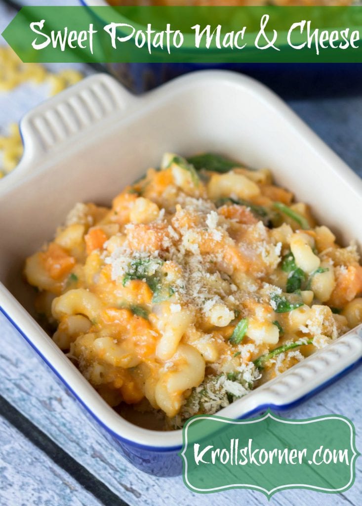 sweet potato mac and cheese in a casserole dish