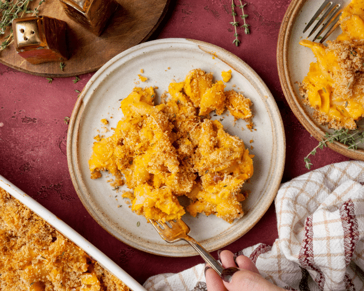 Sweet potato mac and cheese on plate with fork.