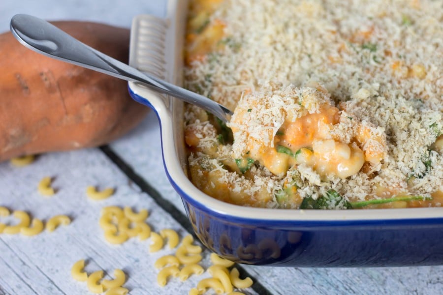 sweet potato mac and cheese in a casserole dish