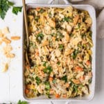 pasta with veggies and chicken in a casserole dish