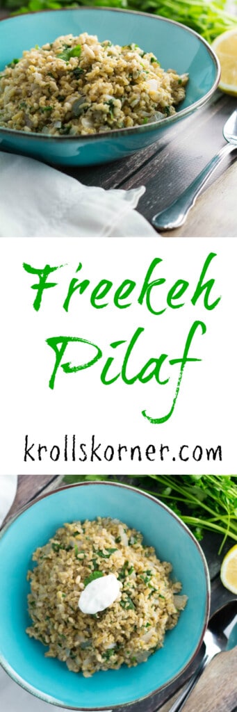 Freekeh Pilaf is a nutritious alternative to rice pilaf, full of fiber and protein! Ancient grains are making there way into 2017! |krollskorner.com