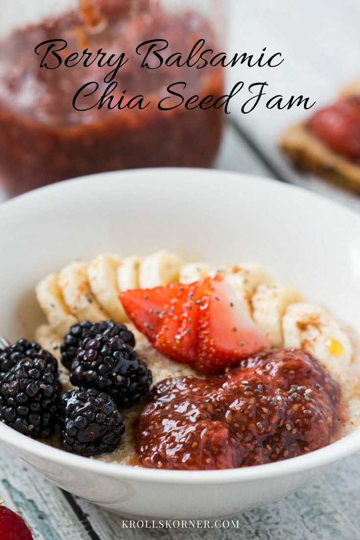 chia jam on oatmeal with fresh fruit in a white bowl