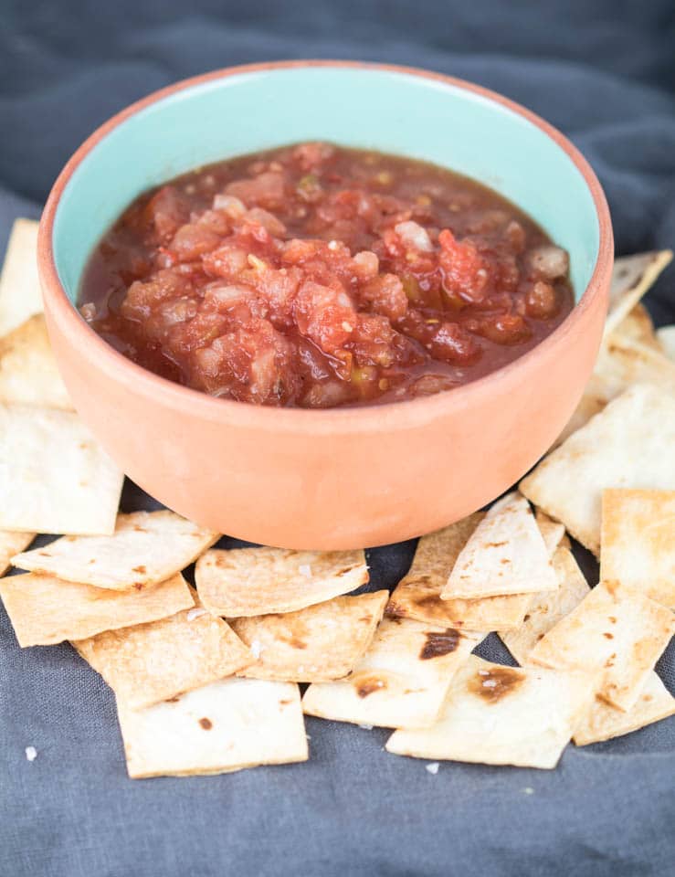 salsa in a bowl with pita chips