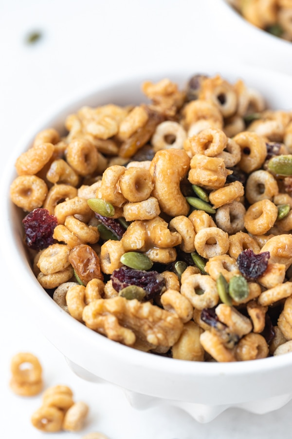 homemade trail mix in a white bowl