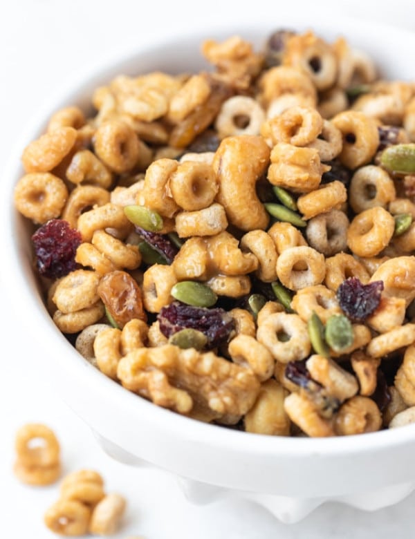 homemade trail mix in a white bowl