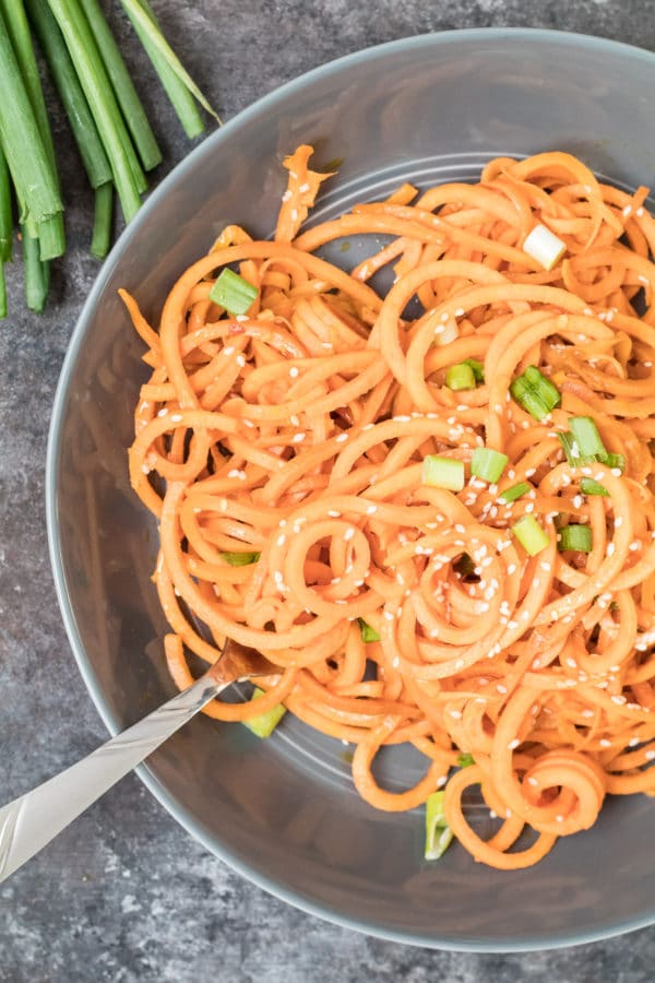 Spiralized Sweet Potatoes with Garlic and Onions • Great Food and