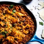 taco skillet in a blue cast iron skillet