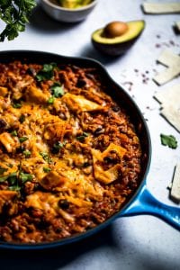 taco skillet in a blue cast iron skillet