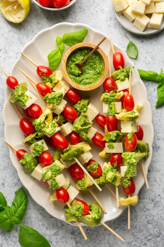 Tortellini Skewers with Lemon Spinach Pesto - Kroll's Korner