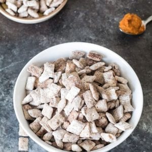 puppy chow in a white bowl