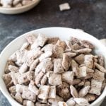 Rice chex with pumpkin pie flavors in a white bowl