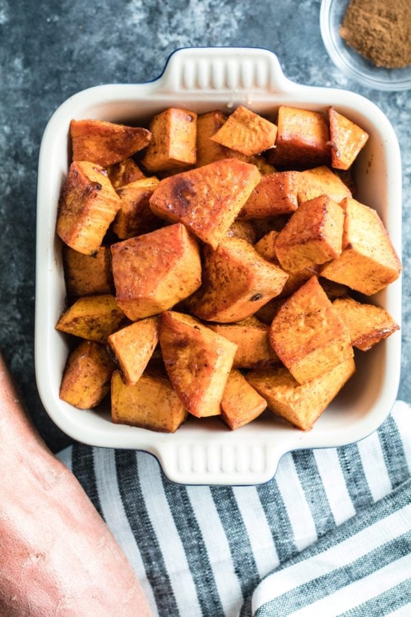 diced sweet potatoes in a small baking dish