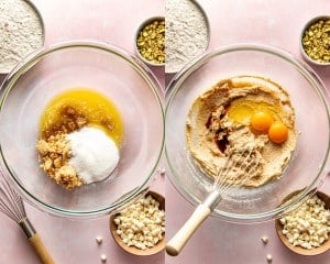 Side-by-side photos showing the start of cookie dough preparation: melted butter, brown sugar, and granulated sugar in a glass bowl on the left, and eggs and vanilla added to the creamed mixture on the right. Surrounding bowls hold flour, pistachios, and white chocolate chips.
