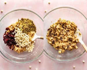 Side-by-side images showing cookie dough being mixed with chopped pistachios, dried cranberries, and white chocolate chips, and the fully combined dough ready to scoop.