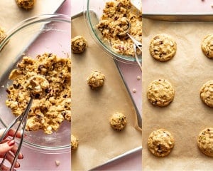 Three-panel collage showing cookie dough being scooped, placed on a parchment-lined baking sheet, and baked into golden brown cookies.