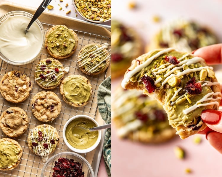 Side-by-side photos showing cookies being frosted with green pistachio topping, drizzled with white chocolate, and garnished with chopped pistachios and cranberries. The second image shows a bitten cookie held up close to reveal its soft, chewy texture.