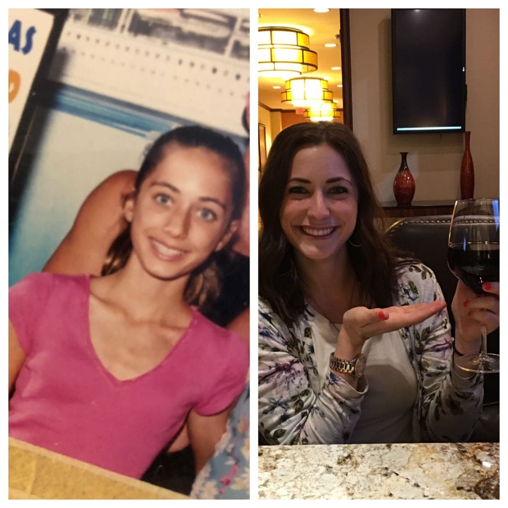 comparison photo of a girl, one photo very skinny, one photo drinking wine
