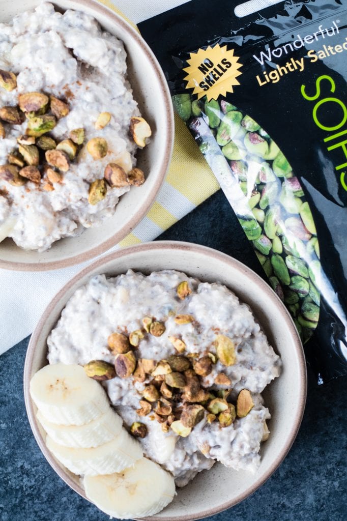 pistachio overnight oats in a tan bowl
