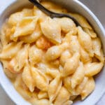 butternut squash mac and cheese in a white bowl