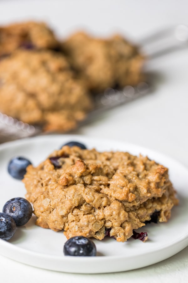 gluten free peanut butter blueberry cookie on a white plate