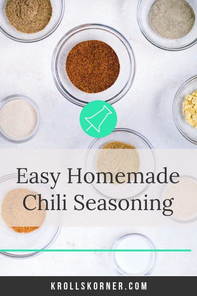 Seasonings for homemade chili seasoning in small glass bowls on a table