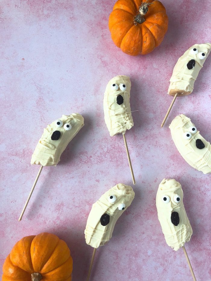 Bananas covered in white chocolate made for a fun Halloween treat