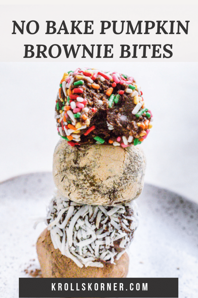 Decorated No Bake Pumpkin Brownie Bites on a plate.