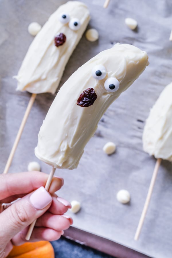 Bananas covered in white chocolate made for a fun Halloween treat