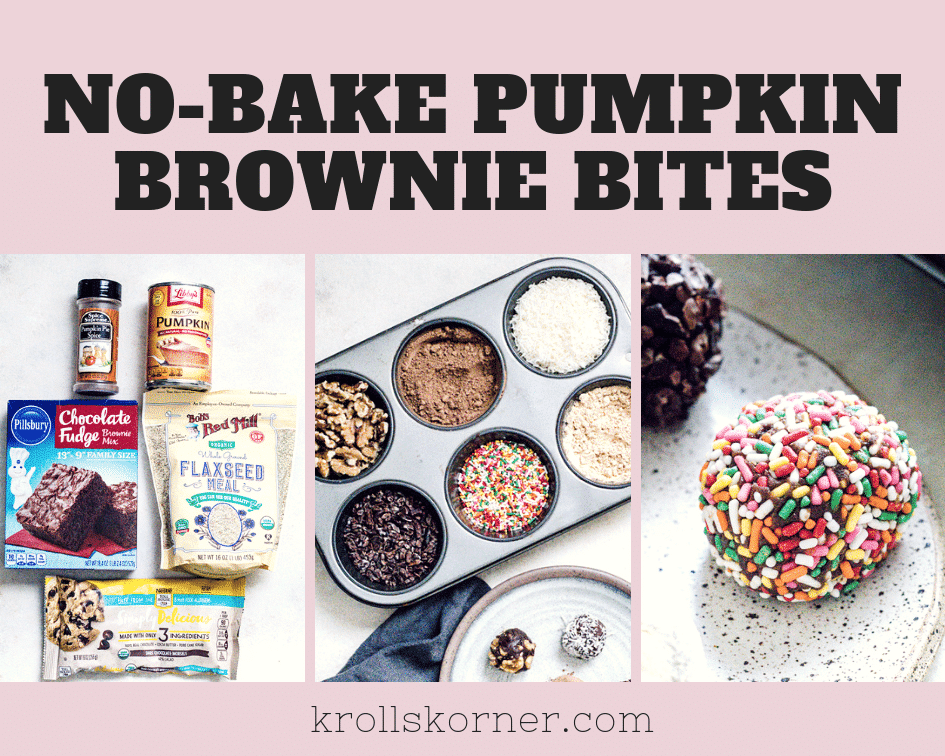 Decorated No Bake Pumpkin Brownie Bites on a plate with the toppings on the side in a muffin tin.