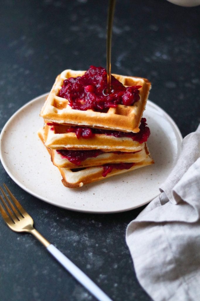 Fresh Cranberry Chia Seed compote on buttermilk waffles