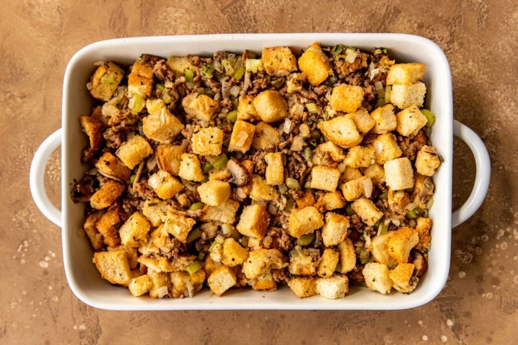overhead shot of stuffing in a casserole dish