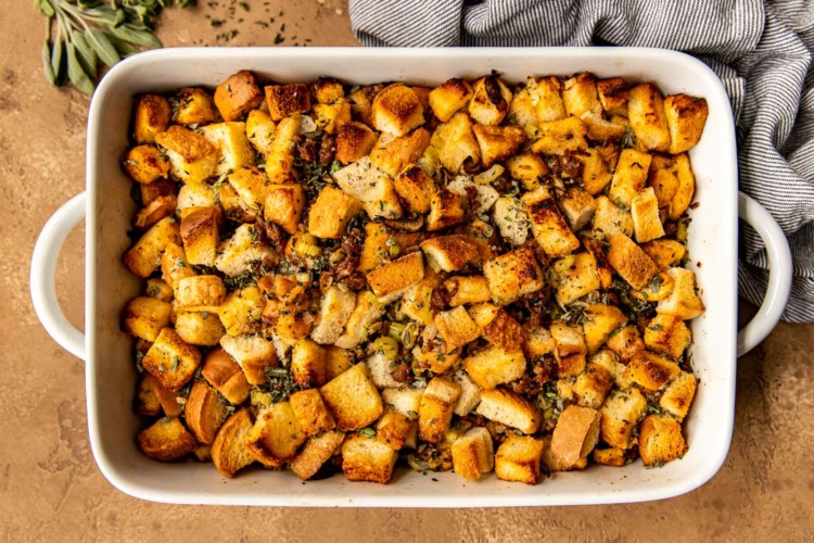 overhead shot of stuffing in a casserole dish