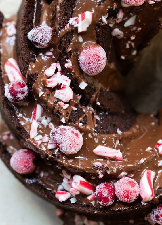 chocolate bundt cake with chocolate frosting and sugared cranberries