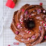 chocolate bundt cake with chocolate frosting and sugared cranberries