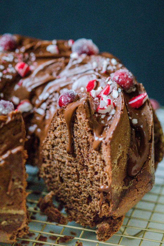chocolate bundt cake with chocolate frosting and sugared cranberries